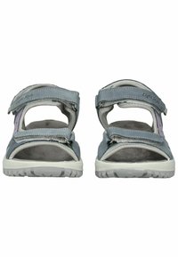 Modré sandály s texturovaným svrškem, vybavené nastavitelnými popruhy a šedou stélkou. Podešev je bílá s protiskluzovými vzory. Vhodné pro volnočasové nošení.