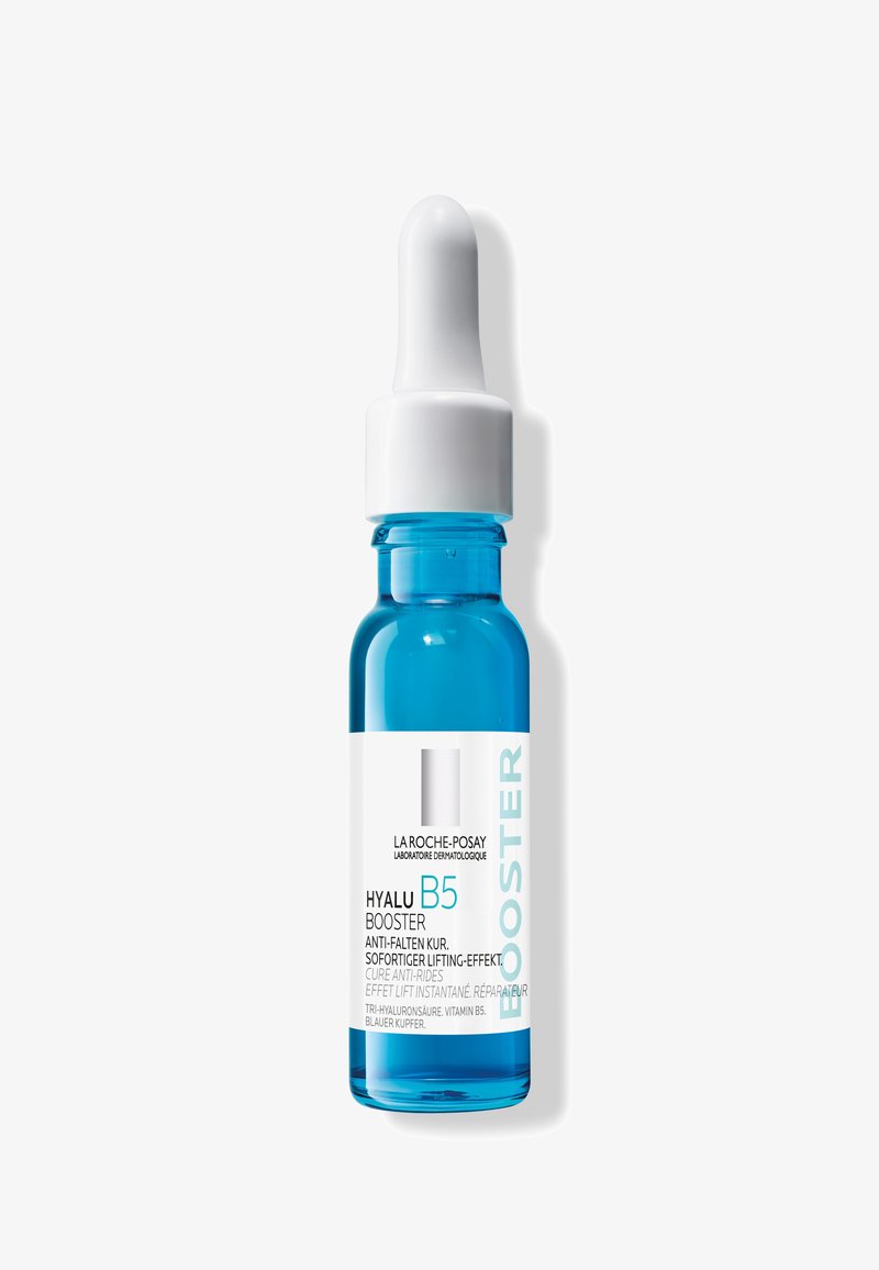 Blue glass dropper bottle with white cap containing La Roche-Posay Hyalu B5 Booster anti-wrinkle serum with Vitamin B5 and hyaluronic acid.