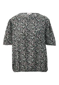 Blumenmuster-Bluse mit kurzen Ärmeln auf schwarzem Hintergrund, mit weißen, pinken und blauen Mustern. Runder Halsausschnitt und lockere Passform. Weicher Stoff.