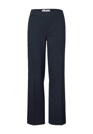 Pantalons bleu marine au design large, avec une taille élastique et une texture de tissu lisse. Pas de motifs visibles ni de détails en métal.