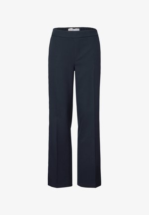 Pantalons bleu marine au design large, avec une taille élastique et une texture de tissu lisse. Pas de motifs visibles ni de détails en métal.