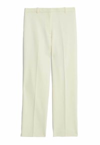 Pantalons ajustés de couleur crème avec une coupe droite, présentant un devant plat, des passants de ceinture et une texture lisse.