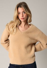 Beige, fibreuze pullover trui met een V-hals en lange mouwen, met een relaxte pasvorm en zachte textuur. Draag het met donkere spijkerbroeken.