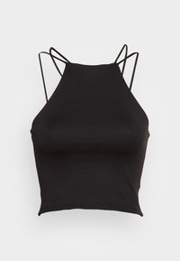 Top corto negro con cuello alto, cuerpo ajustado y tirantes delgados en forma de cruz. Fabricado en un tejido suave y elástico.
