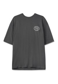 Tumši pelēkas krāsas īsām piedurknēm T-krekls, izgatavots no kokvilnas, ar apaļu izgriezumu un mazu logo dizainu augšējā kreisajā pusē. Gluda virsma.