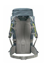 Rucksack für den Außenbereich, mit einer grauen Stoffaußenfläche, ergonomischem gepolstertem Rücken, verstellbaren Trägern und einem oberen Reißverschlussfach.