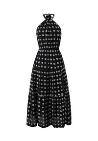 Schwarzes Maxi-Kleid mit Neckholder aus leichtem Stoff, das mit weißen Blumenmustern, einem smockierten Taillenbund und einem gestuften Rock versehen ist.