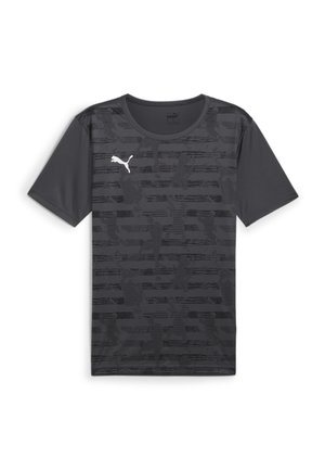 Ciemnoszara sportowa koszulka z krótkim rękawem, z delikatnym czarnym wzorem i białym logo Puma na piersi.
