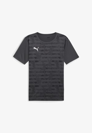 Ciemnoszara sportowa koszulka z krótkim rękawem, z delikatnym czarnym wzorem i białym logo Puma na piersi.