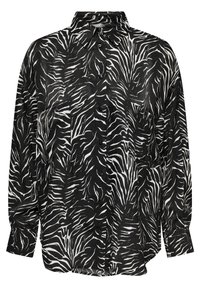 Zwart-witte overhemden met een zebra patroon, lange mouwen, een kraag en een borstzak. Glad materiaal met een lichte glans.
