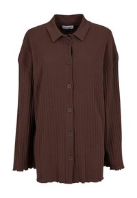 Brun ribbet cardigan med krave, fem store knapper foran og let frynset kant. Blød tekstur.
