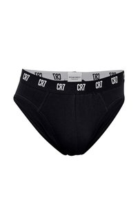 Sorte brief-underbukser med en grå taljeelinje, der har et gentaget "CR7" logo. Fremstillet af blødt materiale med en glat tekstur og en kontureret pasform.