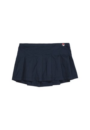 Minigonna plissettata blu navy con una piccola patch logo rossa e bianca sul lato superiore destro della vita.