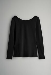 Schwarzes Langarmshirt mit rundem Ausschnitt, aus glattem Stoff gefertigt, mit semi-fitted Passform und ohne sichtbare Verzierungen.