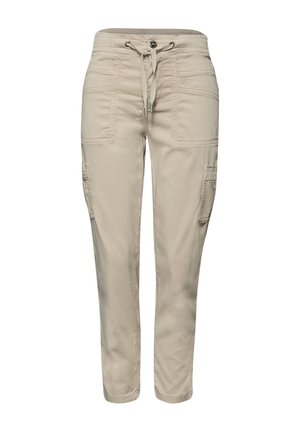 Beige Freizeithose mit Zugbandbund, zwei aufgesetzten Fronttaschen und Cargotaschen an beiden Beinen. Gerader Schnitt und Knöchellänge.