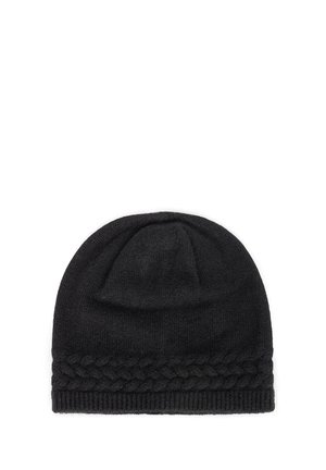 Czarna, dziana czapka beanie z plecionym wykończeniem u dołu, gładka w dotyku i o zaokrąglonym kształcie.