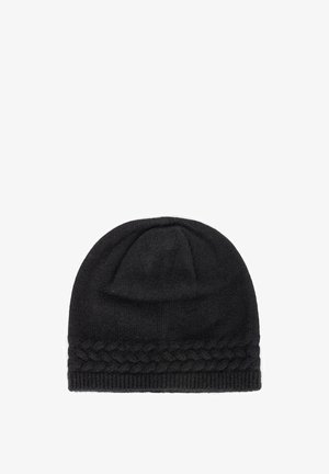 Czarna, dziana czapka beanie z plecionym wykończeniem u dołu, gładka w dotyku i o zaokrąglonym kształcie.