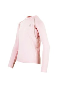 Chemise à manches longues de couleur rose clair, faite d'un matériau extensible avec des coutures à plat et un col rond. Logo présent sur la poitrine.