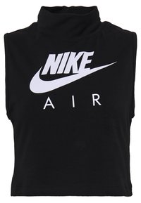 Svart ärmlös croppad topp i mjukt tyg, med hög krage och framträdande vit "NIKE AIR" logotyp i fet typografi.