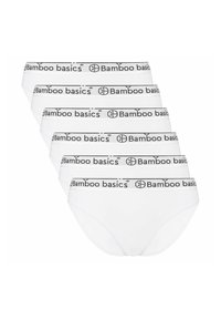 Cinq paires de sous-vêtements en bambou blanc, avec une ceinture élastique noire portant le logo "Bamboo basics" en blanc. Texture lisse et design classique de slip.