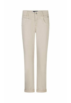 Beige recht gesneden broek met opgerolde pijpen, knoop- en ritssluiting aan de voorkant en gebogen voorzakken.