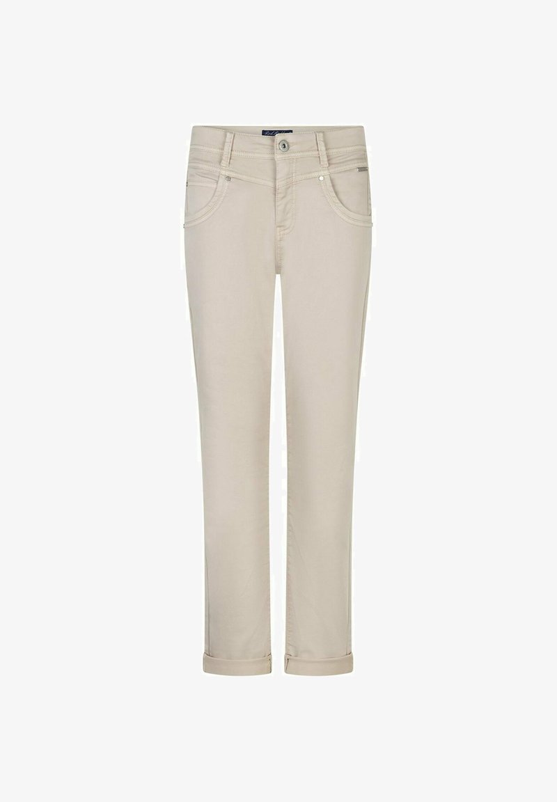 Beige straight-leg pants with rolled cuffs, front button and zipper, and curved front pockets.