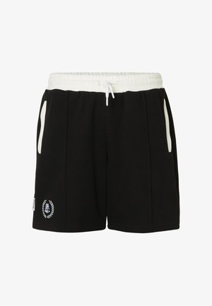 Shorts de sport noirs avec ceinture élastique blanche, cordon de serrage blanc, poches latérales et petit logo blanc brodé sur la jambe gauche.