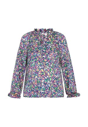 Blusa a maniche lunghe in tessuto leggero con un motivo astratto multicolore, caratterizzata da scollatura gathered e polsini elasticizzati.
