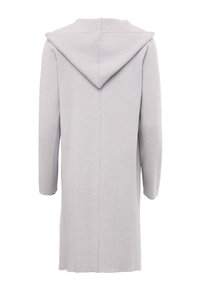 Cappotto lungo grigio con cappuccio e maniche lunghe, realizzato in tessuto morbido. Presenta una cucitura centrale sul retro e una texture semplice senza motivi o accenti.