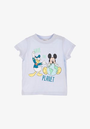 T-shirt en coton bleu clair à manches courtes. Présente des personnages de dessins animés Donald Duck et Mickey Mouse, ainsi que le texte "SAUVEZ LA PLANÈTE."