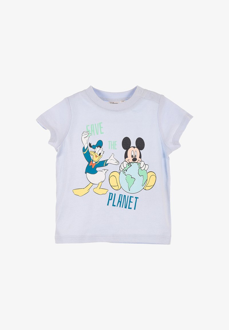 Camiseta de algodón azul claro con mangas cortas. Presenta personajes de dibujos animados como Donald Duck y Mickey Mouse, y el texto "SALVA EL PLANETA."
