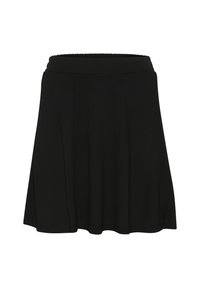 Jupe noire en tissu lisse avec une taille élastique, de forme évasée et avec un ourlet évasé. Design simple sans motifs ou embellissements supplémentaires.