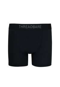 Schwarze Baumwoll-Boxershorts mit engem Sitz, ausgestattet mit einem breiten elastischen Bund, der mit "THREADBARE" in Grau geprägt ist. Glatte Textur, keine Muster.