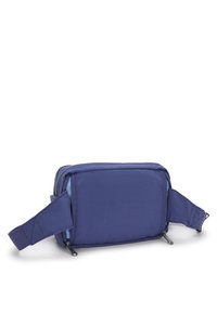 Navy blue fabric pouch with a rectangular shape, zippered closure, and adjustable straps on the sides for secure carrying.