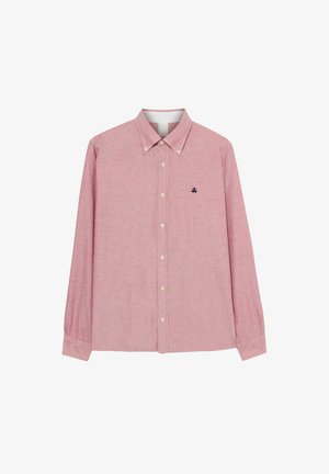 Rood en wit gestreept overhemd met lange mouwen, een button-down kraag en een klein marineblauw logo op de linker borst. Heeft knoopsluiting en details op de manchetten.