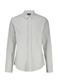 Camisa de rayas de manga larga en mezcla de algodón gris claro y blanco. Presenta un collar puntiagudo, cierre de botones y mangas con puños. Corte clásico.