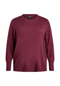 Burgundowa długosleeve sweter z okrągłym dekoltem, wykonany z miękkiej dzianiny. Posiada ściągacze przy mankietach oraz luźny fason.