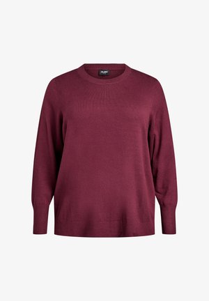 Burgundy long-sleeve sweater with a round neckline, made of soft knit fabric. Features ribbed cuffs and a relaxed fit design.