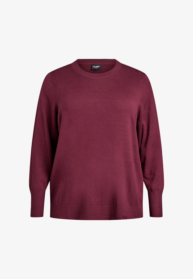 Burgundowa długosleeve sweter z okrągłym dekoltem, wykonany z miękkiej dzianiny. Posiada ściągacze przy mankietach oraz luźny fason.