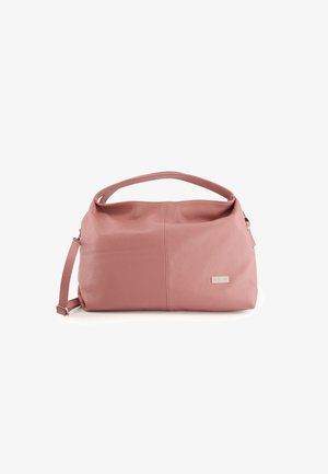 Rosa Lederhandtasche mit strukturiertem Oberflächen, ausgestattet mit einem einzelnen Obergriff, einem abnehmbaren Schultergurt und einem metallischen Logoakzent.