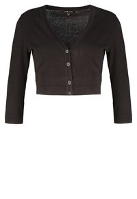 Svart kort cardigan med V-hals, sex knappstängningar och trekvartsärmar med ribbade muddar och fåll. Mjuk stickad textur.