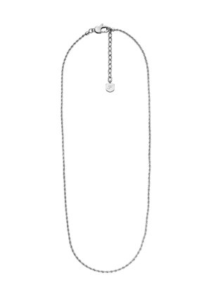 Silver chain necklace featuring a twisted design, lobster clasp, and an adjustable length with a small pendant tag.