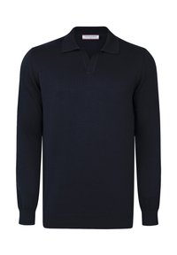 Tumesinine pikkade varrukatega polo särk, mis on valmistatud kudumisest, omab kraega kaelust ja soonikkoes varrukaotsi. Lihtne disain, ilma nähtavate mustriteta.