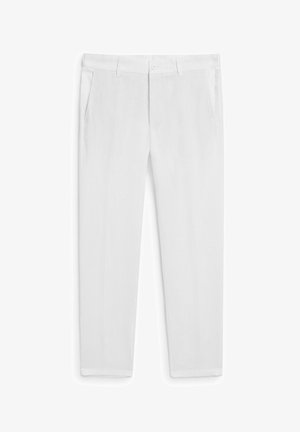 White linen trousers with a straight cut, featuring two front pockets and a button closure. Smooth texture, no visible patterns or accents.