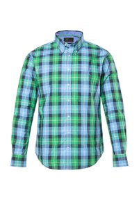 Hemd mit Knopfleiste, das ein kariertes Muster in Grün-, Blau- und Schwarztönen zeigt. Hergestellt aus gewebtem Stoff mit klassischem Kragen.