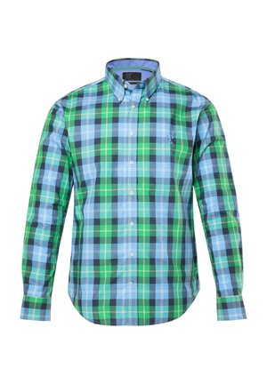 Napillinen paita, jossa ruudullinen kuvio vihreän, sinisen ja mustan sävyissä. Valmistettu kudotusta kankaasta ja klassisella kauluksella.