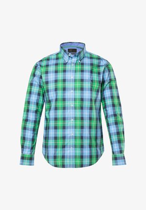 Hemd mit Knopfleiste, das ein kariertes Muster in Grün-, Blau- und Schwarztönen zeigt. Hergestellt aus gewebtem Stoff mit klassischem Kragen.
