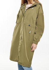Olive green, long, zippered jacket with a hood; features elastic cuffs and two front pockets. Made from smooth, lightweight fabric.