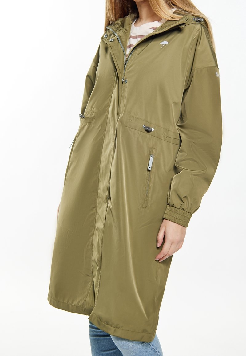 Olive green, long, zippered jacket with a hood; features elastic cuffs and two front pockets. Made from smooth, lightweight fabric.