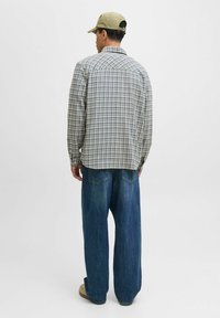 Chemise à carreaux dans des tons de vert et de bleu atténués, assortie à un jean bleu ample. Chaussures beige décontractées. Vue arrière.